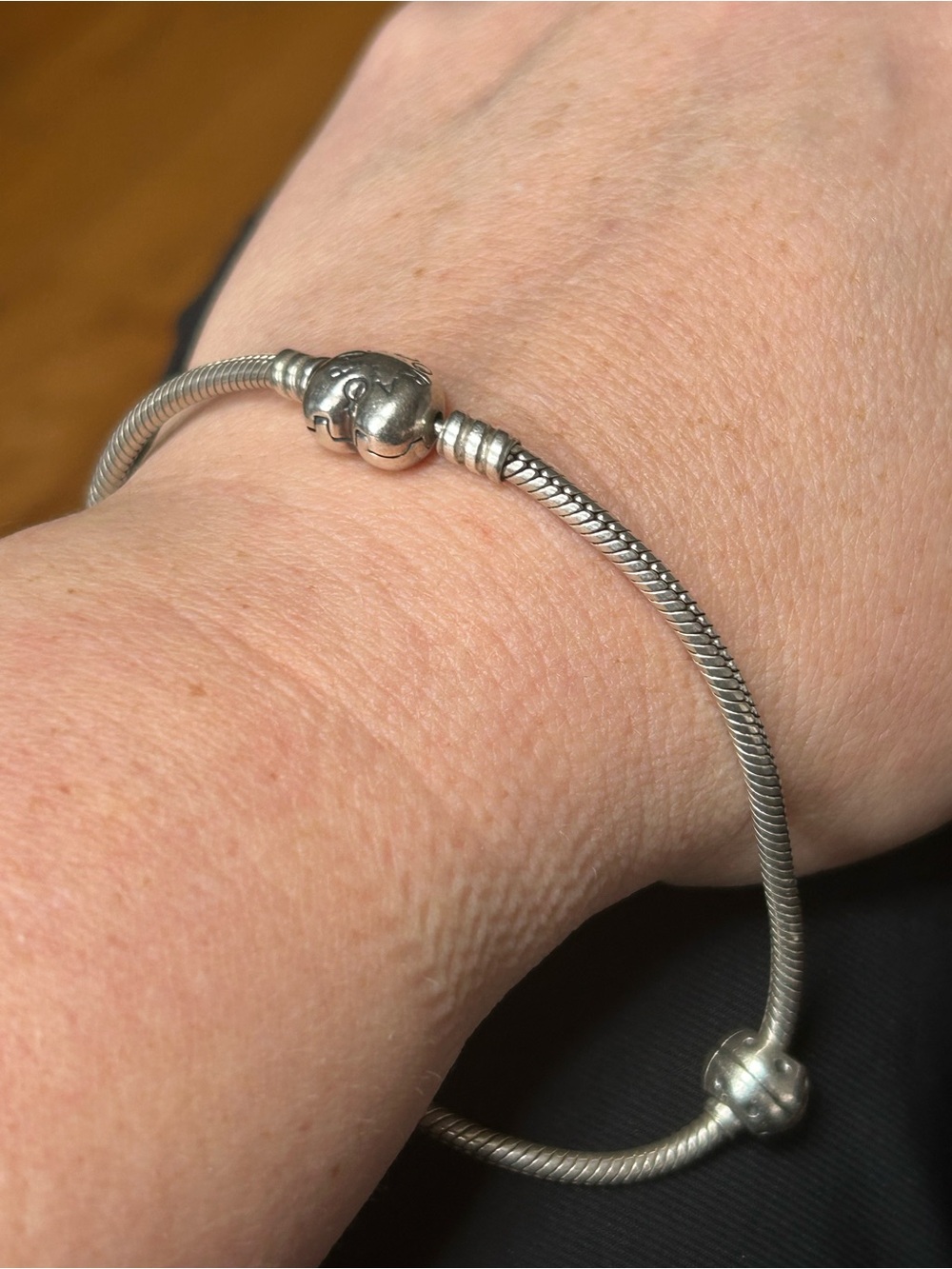 Pandora Silver Snake Chain Bracelet with Heart Clasp and lady bug charm